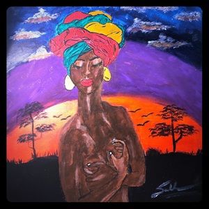 Painting of woman standing in front of a sunset.